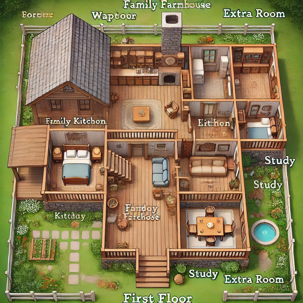 first floor layout of the Rustic Family Farmhouse in Bloxburg